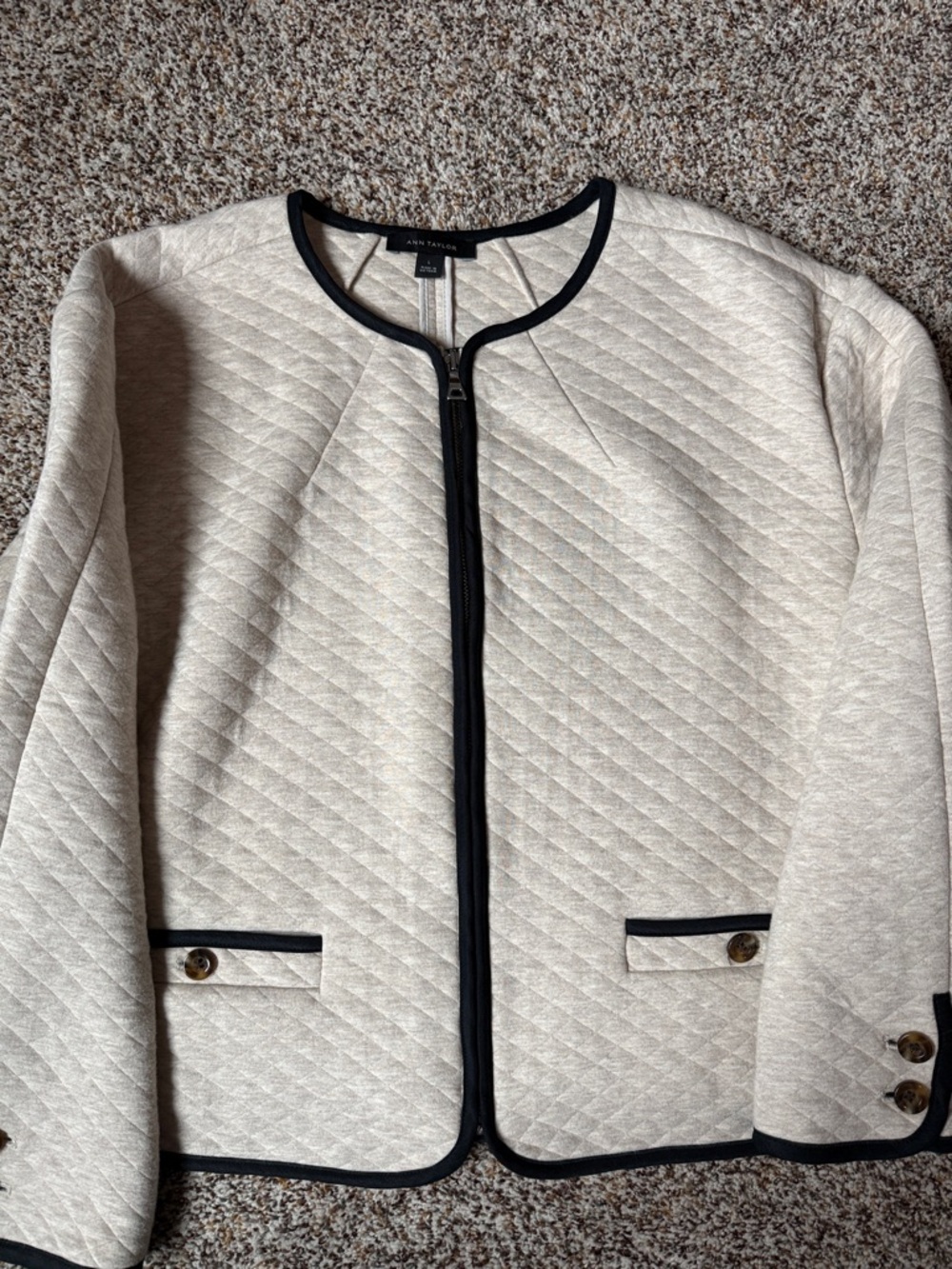 Ann Taylor Cream Quilted Jacket with Black Trim